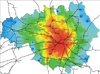 Our modelling approach can cope with very large models such as a full 10000 zone matrix undertaken for the Greater Manchester area, shown here.
